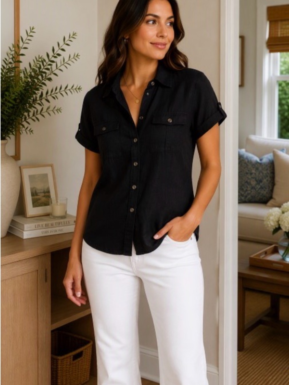 Banana Republic Black Short-Sleeve Button-Front Shirt